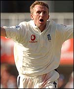 Dominic Cork celebrates Ganguly's wicket