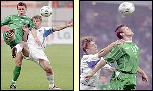 Ireland's Steve Finnan and Kevin Kilbane battle for the ball