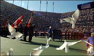 Doves are released before the US Open men's final