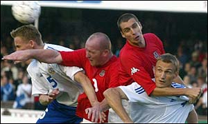 Wales' John Hartson and Andy Melville in the 2-0 win over Finland