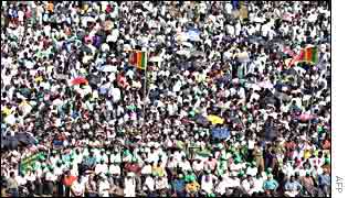 Crowds at a government-led demonstration in Colombo, Sri Lanka expressing solidarity with moves to enter into peace talks with Tamil Tigers