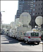 Satellite trucks parked in front of the World Financial Centre