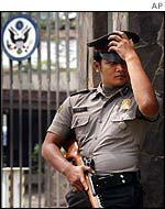 Guard outside US Embassy in Jakarta