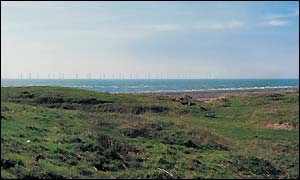 Computer-generated image of the turbines as seen from Walney Island