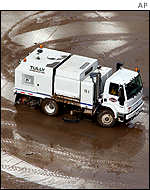 Water is collected at the base of the World Trade Center disaster site 80 feet below street-level as cleanup and preparations continue for Wednesday's commemoration ceremonies.