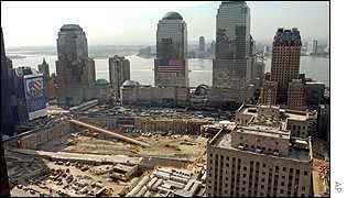 Late afternoon sun falls over the World Trade Center site and the World Financial Center with the New Jersey skyline in the background on Tuesday.