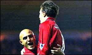 Massimo Maccarone and Szilard Nemeth celebrate Boro's third goal
