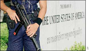 An armed guard outside the US embassy in Bangkok