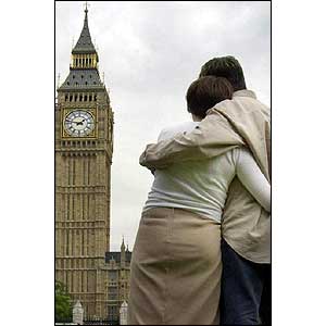 London couple hug each other in front of Big Ben