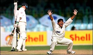 Mushtaq takes a wicket against England