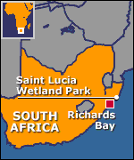 Map of South Africa showing location of Saint Lucia Wetland Park