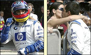 Colombian Juan Pablo Montoya kisses his girlfriend Connie after qualifying fastest