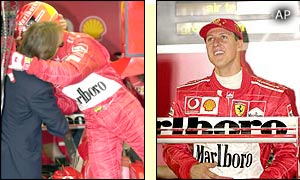 Ferrari president Luca Cordero Di Montezemolo and his driver Michael Schumacher embrace