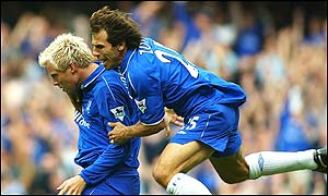 Eidur Gudjohnsen is congratulated by Gianfranco Zola after giving Chelsea an early lead 