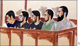 Court sketch of five suspects