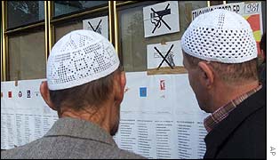 Ethnic Albanians outside a polling station in Poroj, near Tetovo
