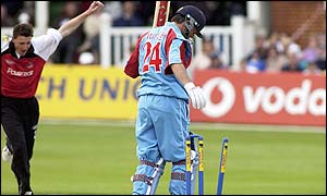  Kent's Steve Waugh is bowled for seven by Andrew Davies