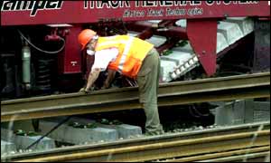 Rail worker laying track