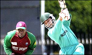Brijal Patel in action for Kenya against West Indies