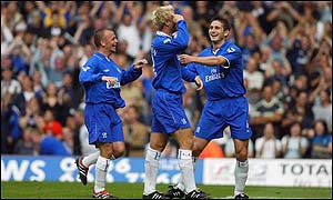 Chelsea striker Eidur Gudjohnsen celebrates scoring against Newcastle 