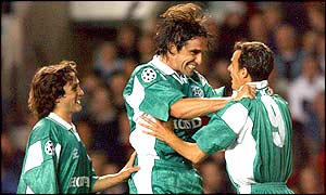 Raffi Cohen celebrates with fellow Haifa goalscorer Yaniv Katan after pulling a goal back 