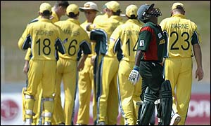Bangladesh's Javed Omar returns to the pavilion as Australia take their third wicket