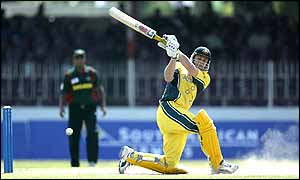 Adam Gilchrist dispatches another ball for four against Bangladesh in Colombo