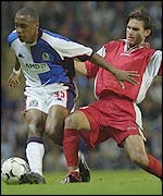 Neil Danns (left) is challenged by CSKA's Velizar Dimitrov