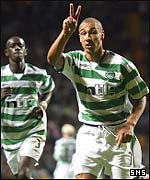 Henrik Larsson celebrates his second goal