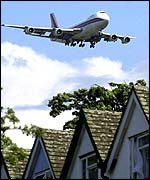Plane flying over homes