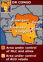 Map of the Democratic Republic of Congo showing areas of control