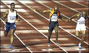 Africa's Uchenna Emedolu is the surprise victor in the 100m