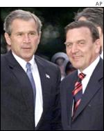 George Bush meets Gerhard Schroeder on a visit to Germany