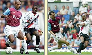 West Ham's Trevor Sinclair brings the ball forward while City's Nicolas Anelka tries a snap-shot 