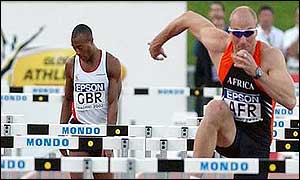 Great Britain's Colin Jackson slows up in the 110m