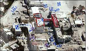 An undated photo released by Israel shows Mr Arafat's office shaded in red and possible army positions in blue