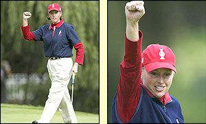Wendy Ward and Emilee Klein celebrate success in the morning foursomes