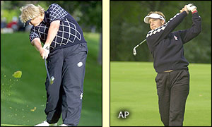 Laura Davies and Iben Tinning get into the swing of things