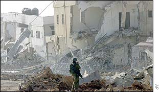 Israeli soldier at Yasser Arafat's compound in Ramallah