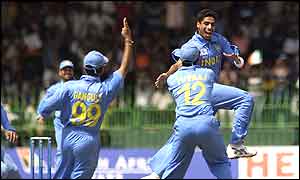 India celebrate the wicket of England captain Nasser Hussain who was out for one