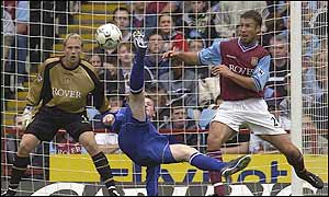 Wayne Rooney tries an overhead kick at Villa Park