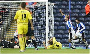 Garry Flitcroft celebrates giving Blackburn the lead