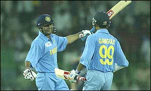 Virender Sehwag celebrates with Sourav Ganguly