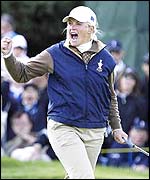 Suzann Pettersen celebrates after halving her singles match