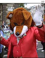 Fox costume at Liberty and Livelihood march