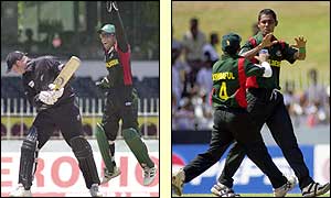 New Zealand's Chris Harris is caught by Bangladesh captain Khaled Mahmud, while Ashraful celebrates