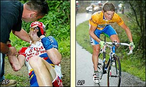 The testing conditions have various results: David Millar walks over the finish line in protest while Sevilla loses his lead