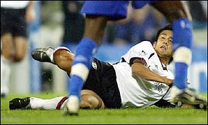 Japanese ace Inamoto is denied by Chelsea goalkeeper Carlo Cudicini after his skidding shot at goal