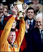 Nick Farr-Jones lifts the World Cup