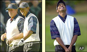 Tiger Woods and Mark Calcavecchia share a joke on the 16th green